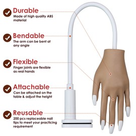 BORNBYME Acrylic Practice Hand Fake Nails Kit, BORNBYME Upgrade Nail Training Adjustable Finger Kits with Nail File, Nail Brush and Nail Brush Kit,200 PCS Nail Tips, White