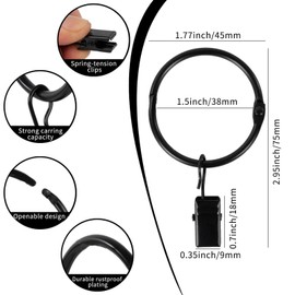 Openable Curtain Rings with Clips,1.5inch Inner Diameter,Heavy Duty Rustproof Metal Decorative Vintage Drapery Rings Curtain Clips Rod Hangers Door Curtain and Shower Curtain Rings Black Zocang