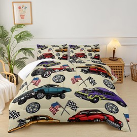 lneffble Race Car Comforter Set - Vintage Cars Themed Bedding for Boys, American Flag Comforter, Full Size