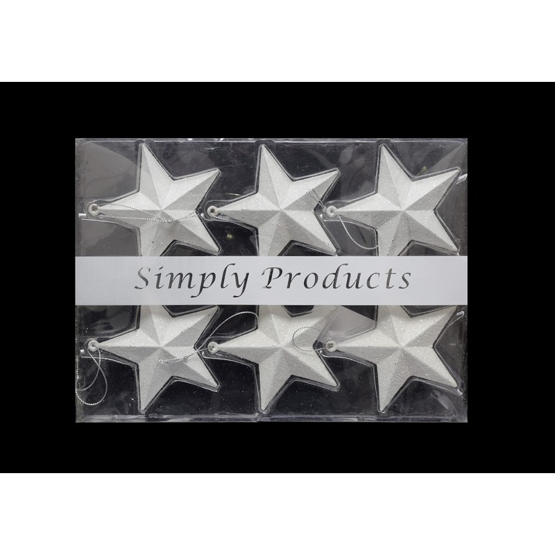 Pack of 6-8cm 3D Glitter Star Baubles Christmas Tree Decorations