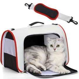 A4Pet Airline Approved Cat Carrier for Under 18 lbs, Easy On The Go, Easy to Stow, Soft-Sided Cat Travel Carrier, 17" L x 11" W x 11" H, White & Red