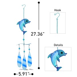 CoTa Global Blue Dolphin Hanging Sea Glass Wind Chime 27.36 Inch, Nautical Glass Windchime Outdoor Decor for a Harmonic Porch, Patio & Garden, Unique Beach Art Indoor Wind Chime Window Mobile