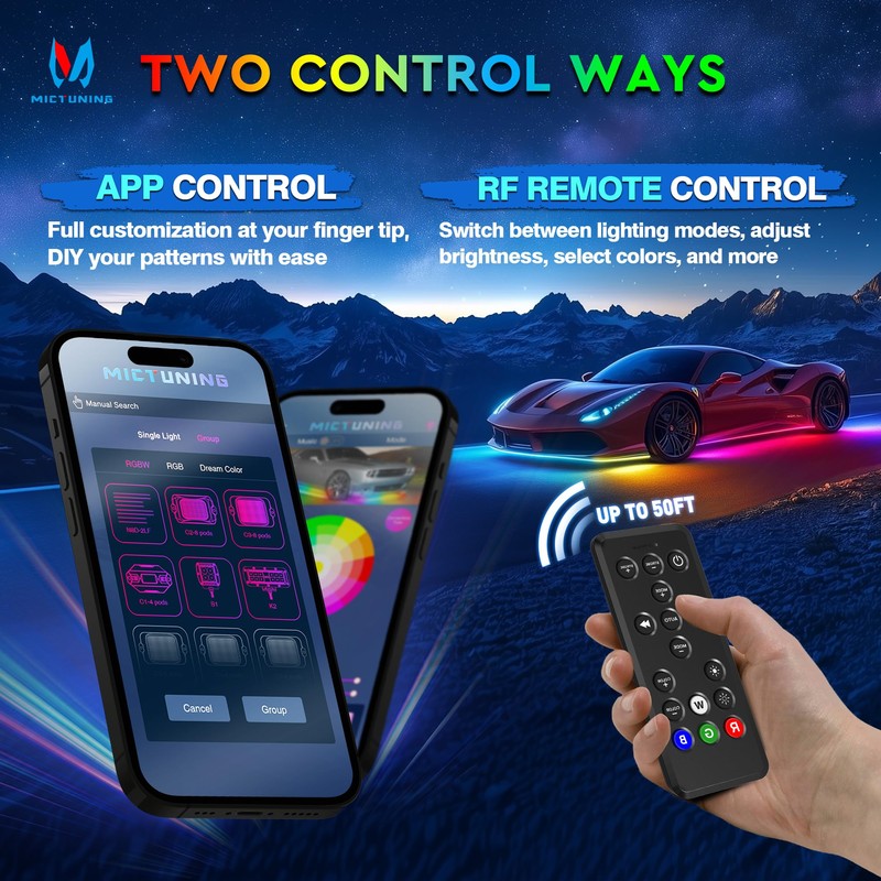 MICTUNING 8Pcs N8+ Chasing Color RGB+IC Underglow Neon Accent Strip
