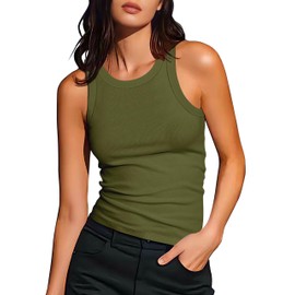 Artfish Women's Sleeveless Full Length Ribbed Fitted Racerback Workout Crew High Neck Basic Tank Top (Olive Green, XL)