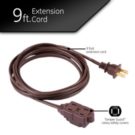 GE 3-Outlet Extension Cord with Multiple Outlets 9 Ft Power Strip 2 Prong 16 Gauge Twist-to-Close Safety Covers Indoor Extender UL Listed Brown 51942