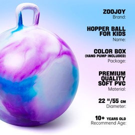 ZOOJOY Hopper Ball, Hopping Toys for Kids, 22 inch Bouncy Ball with Handle for Boys Girls Aged 10+, Inflatable Clouds Bounce Hopper Toy with Pump