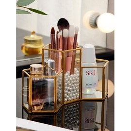 HARLIANGXY Makeup Brush Holder Glass Cosmetic Organiser Makeup Brush Storage Makeup Organiser Gold Makeup Storage Pen Holder for Dresser Dressing Table Desk