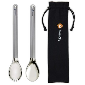 245mm Longest Titanium Spork with Long Handle & Titanium Spoon, The Long Spork & Long Spoon Bowl is Polished to Give the Mouth A Nice Smooth Feeling, Comes with Waterproof Fabric Case