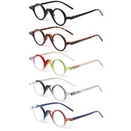 JM 5 Pack Round Reading Glasses for Women Men, Vintage Small Blue Light Blocking Computer Readers with Spring Hinges+ 2.50