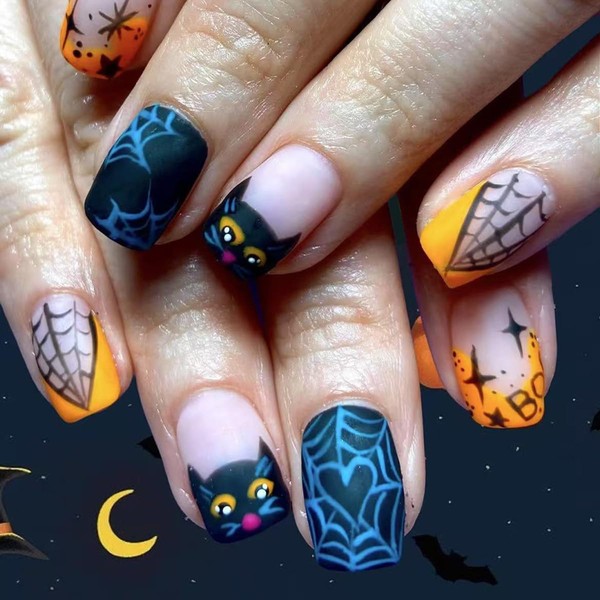 24Pcs Halloween Orange French Press on Nails Short Square, ZIFANHU