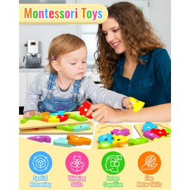 Yetonamr Wooden Toddler Puzzles Montessori Toys for 2 3 4 Years Old Boys Girls, 4 Pack Animal Puzzles Educational Kids Toys Birthday Gift Stocking Stuffers Toddler Learning Toy Ages 2-4, 3-5