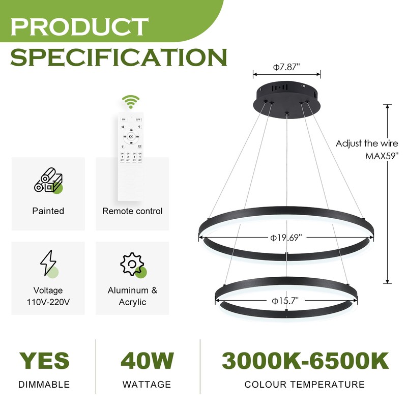 Benkut 2-Rings Modern LED Chandelier Black for Dining Room, Circular