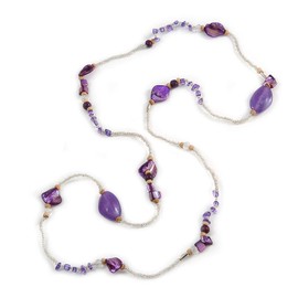 Avalaya Long Purple/Clear Shell, Acrylic, Wood Bead Necklace - 116cm L