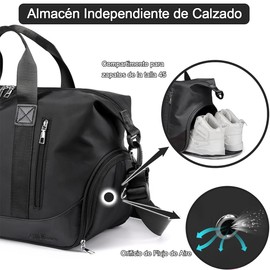 Maleta Deportiva de Deporte Gym, Bolsa de Viaje con Compartimento para Zapatos y Bosillo Impermeable, Bolso Gimnasio para Mujer, Maletas de Mano para Avión Carry On Fitness Natación Escuela, Negro