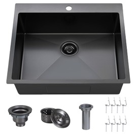 VAPSINT 25 Inch Black Drop In Kitchen Sink, 25x22 Inch Topmount 16 Gauge Gunmetal Black Stainless Steel Kitchen sink, Handmade Single Bowl Small Kitchen Sink for Laundry Utility RV