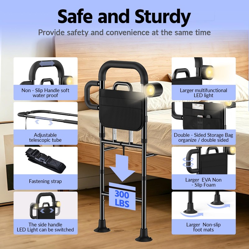Bed Rails for Elderly Adults Safety with Remote Control Light