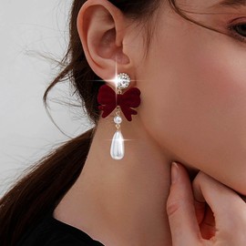 TseenYi Vintage Red Velvet Bow Earrings Bow Velvet Bands Earrings Gold CZ Pearl Tassel Earrings Bowknot Drop Earrings Small Pearl Beadeds Earrings Jewellery for Women and Girls