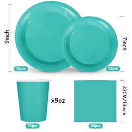 Whaline 100Pcs Teal Tableware Set Wedding Disposable Dinnerware 50Pcs Paper Plate 25Pcs Napkin 25Pcs Cup For Birthday Party Supplies Table Decor
