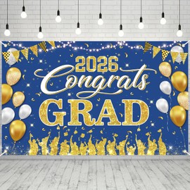 Class of 2026 Graduation Banner Decorations - 72.8'' x 43.3'' Large Graduation Banner Decorations, Congrats Grad Photo Backdrop Banner for Navy Blue Congratulations Grad Party Supplies