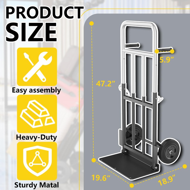 Hand Trucks Heavy Duty, Dolly Cart with Wheels 600LB Capacity,