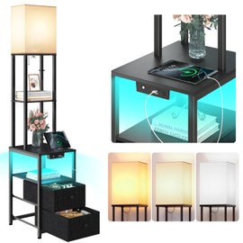 addlon Floor Lamp with Night-Light Mode (11 Colors & Memory), 2 USB Ports + 1 AC Outlet, Two Drawers, 3-Color Temperature LED Bulb, White Lampshade & Shelves for Living Room, Bedroom & Office–Black