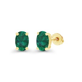 Yellow Gold Plated 925 Sterling Silver 6x4mm Oval Cut Created Green Emerald May Birthstone Screwback Stud Earrings