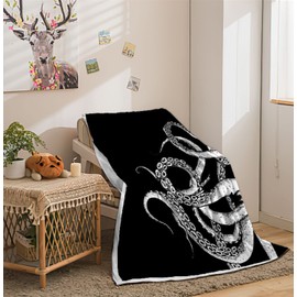 Octopus Throw Blanket, Funny Black and White Sea Monster Kraken Animal Goth Fleece Blanket, Unique Novelty Nautical Coastal Soft Flannel Throw Blanket for Chair Bed Sofa Couch, 50X60IN