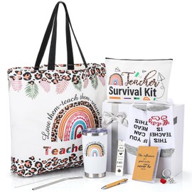 8 Pcs Teacher Appreciation Gifts of All Things 20 oz Teacher Tumbler Canva Tote Bag for Women Keychain Socks Notebook Birthday Retirement End of the Year Thank You Gifts(Rainbow Style)