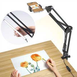LJINGE Overhead Phone Mount with USB LED Light, Adjustable Articulating Arm & 360° Rotatable Phone Holder, Flexible Stand for Live Streaming, Video Recording, Drawing, Cooking