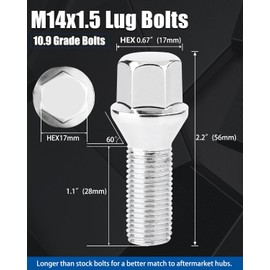 GAsupply 14x1.5 28mm Shank Lug Bolts, 20pcs Chrome Conical Seat 56mm Tall Lug Studs for Wheel Spacers, 17mm Hex