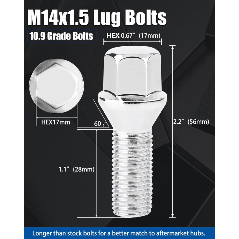 GAsupply 14x1.5 28mm Shank Lug Bolts, 20pcs Chrome Conical Seat