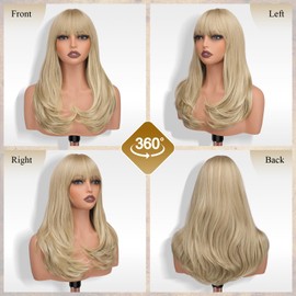 FESHFEN Long Wigs with Bangs, Synthetic Natural Looking Layered Straight Hair Wig for Women Daily Party Use 18 inch, Dirty Blonde