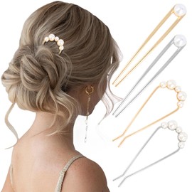 CURASA French Hair Pins for Women, 4PCS U Shape Metal Hair Pin for Thick Hair Gold Silver French Twist Hair Pin, Pearl Hair Pins for Women, Elegant Hair Accessories