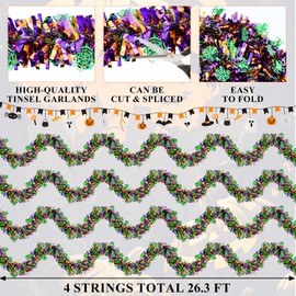 4 Strings Total 26.4 FT Halloween Spider Web Tinsel Garlands – Each 6.6 FT Black Orange Purple Green Fringe Garland with Spiderweb Accents for Halloween Parties, Haunted Houses, and Spooky Decorations