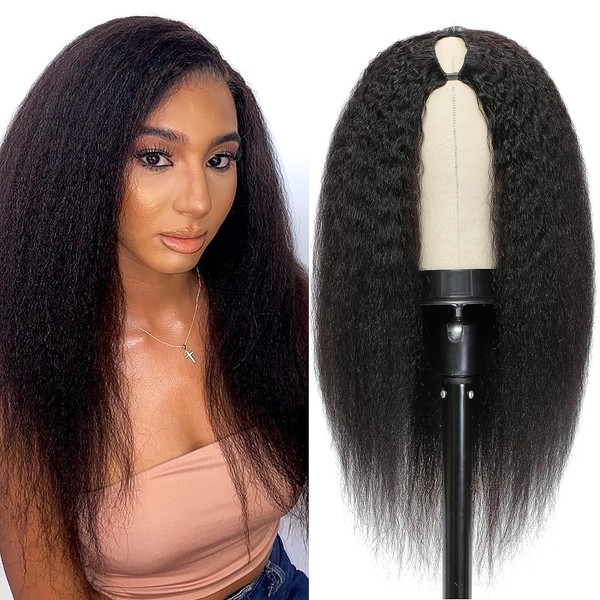 Kinky Straight V Part Wigs for Women Human Hair Full Head Clip In Half Yaki Human Hair Wig Non Lace Wig Beginner Friendly No Sew In No Glue Easy To Wear 150% Density 14 Inches