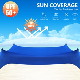 Beach Tent Sun Shelter, 10 x 10 FT Beach Canopy Tent Sun Shade Heavy Duty, UPF50+ Beach Tent Canopy with 8 Sandbags & 4 Stability Poles, Outdoor Beach Shade Canopy for Camping and Fishing, Blue