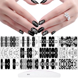 JERCLITY 168 Pieces 12 Sheets Black White Nail Wraps for Short Nails Nail Polish Strips With Nail File Flowers Leaves Geometric Pattern Gel Nail Strips Nail Stickers Full Nail Wraps for Women Nail Art
