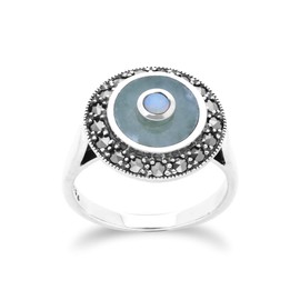 Ivy Gems Sterling Silver Marcasite Ring with Round Opal 3 mm and Jadeite Cabochon 9.25 mm Statement Ring Vintage Art Deco Inspired Design for Women October Birthstone Band Ring Size 9