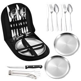 Camping Cutlery Set, Picnic Crockery Set for 2 People, 10 Pieces, Portable Stainless Steel Outdoor Tableware Set, Picnic Bag with Spoon, Portable Cutlery Set for Camping Picnic