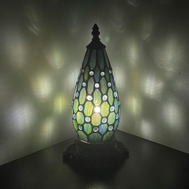 TCODTPOL Small Tiffany Lamp Stained Glass Table Lamp 5.5X11 Inch Christmas Tree Lighthouse Mini Accent Memory Sympathy Antique Night Light for Bedroom Living Room (Blue Pearl)