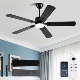 FUMLTP 56 inch Black Ceiling Fans with Lights and Remote/App Control, DC Reversible Motor, Noiseless, Dimmable, 6 Speeds Low Profile Modern Ceiling Fan for Livingroom, Indoor/Outdoor Use