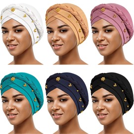 6 Pieces African Women Turban Headscarf Cap for Black Women Braided Head Wrap(Black, White, Lake Blue, Pink, Khaki, Navy Blue, Bead Style)