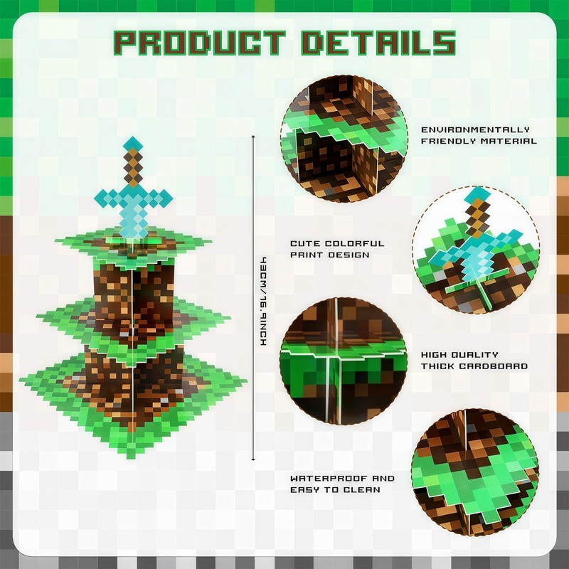 AEEGO Pixel Game Style Cupcake Stand, Three-Tier Cupcake Stand, Premium
