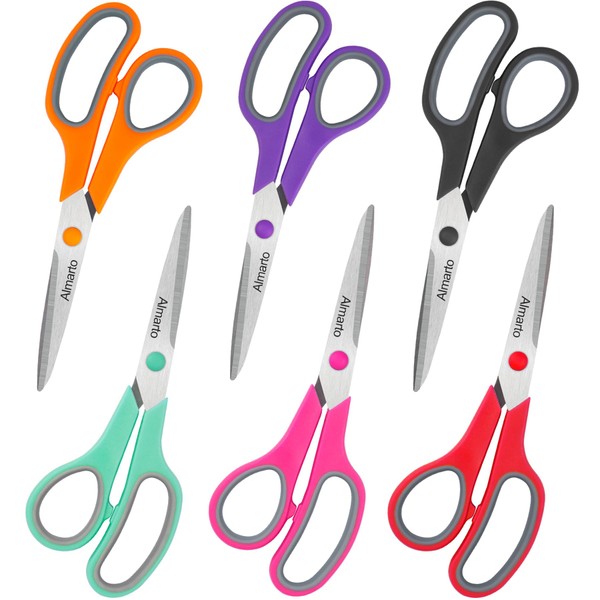Scissors, Almarto 8" All Purpose Scissors Pack of 6 Comfort-Grip