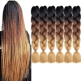 Braiding Hair Extensions Ombre Brown Professional High Temperature Braids Hair 24 Inch(C14-6Packs)