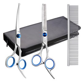 Elfirly Dog Grooming Scissors Set with Round Safety Tip (2 Pack - Curved Scissors Thinning Scissors for Grooming) Pet Grooming Scissors with Grooming Comb for Dogs and Cats