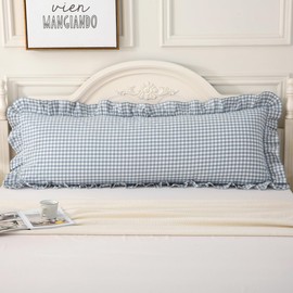 Silnuo Light Blue Plaid Body Ruffle Pillow Sham,Washed Cotton Shabby Checkered Gingham Long Pillow Cover (1 Piece)