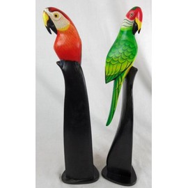 Hand Carved Pair Set of 2 Green and RED Wood Parrots Birds ON Stands