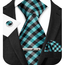 TIE G - Juego de corbatas a cuadros para hombre en caja de regalo de color negro: corbata y bolsillo cuadrado, gemelos, clip de corbata, boda de negocios, D1-aqua Black Check, Modern