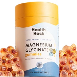 Health Hack Glicinato de Magnesio en Gomitas, 410 mg de Magnesio Elemental como Glicinato por Porción, Sabor Uva, Sin Azúcar, Suplemento Vegano Sin Gl